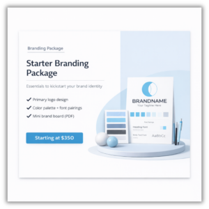 branding starter package with logo design, color palette, and brand board.