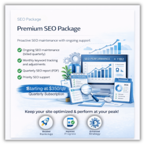 SEO Premium Package with ongoing optimization, keyword tracking, reporting, and continuous website improvement