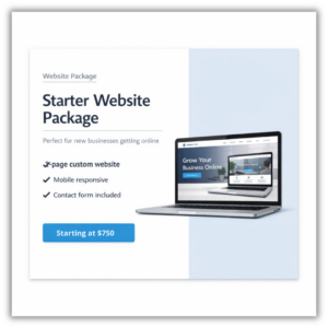 Starter website package offering a 1-page mobile-responsive website with contact form, social links, and professional design for small businesses