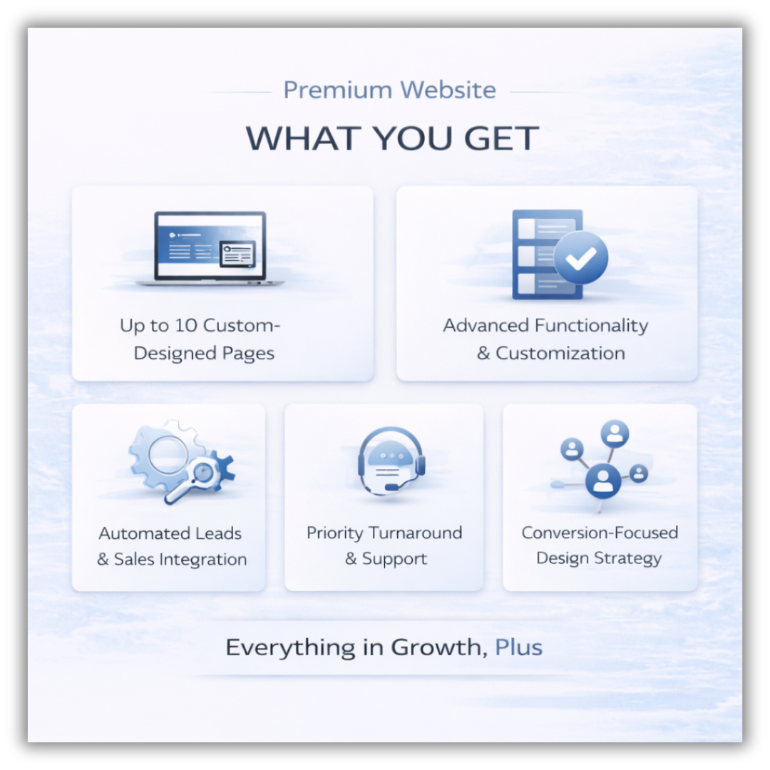 What you get with premium website package including up to 10 custom pages, advanced form styling, additional page layouts, one revision round, and priority design support