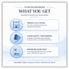 What you get with starter branding package including primary logo design, color palette and font pairings, and mini brand board in PDF format
