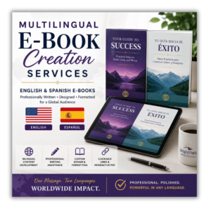 Multilingual E-Book Creation Services featuring professionally designed English and Spanish digital books, workbooks, guides, and branded PDF formatting by BrightPath Web Design.
