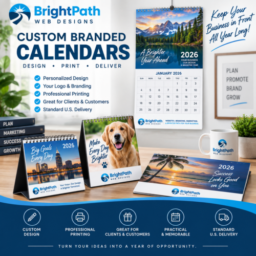 Custom branded calendars with personalized wall and desk calendar designs by BrightPath Web Designs