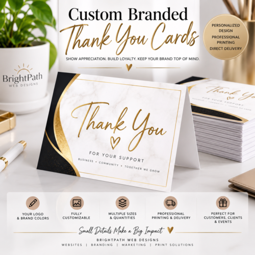 Custom branded thank you cards with personalized professional designs by BrightPath Web Designs