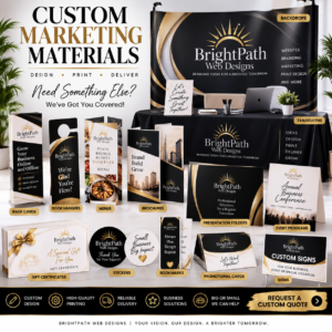 Custom marketing materials including branded print products backdrops tablecloths and promotional materials by BrightPath Web Designs